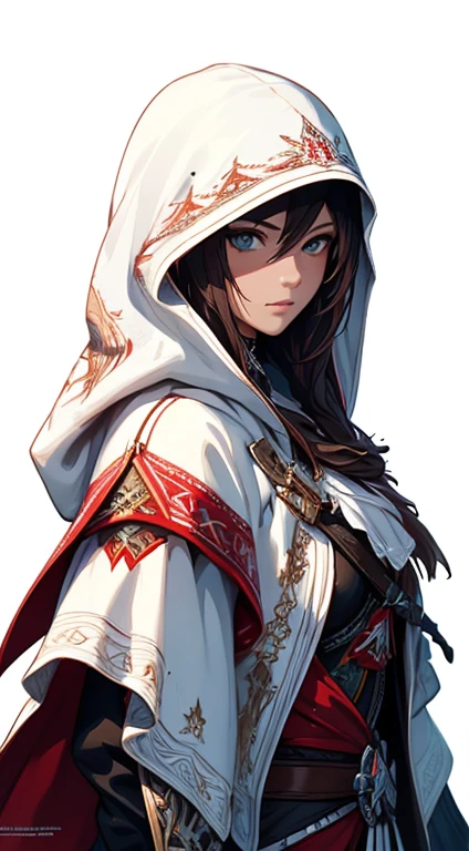 Splash art, altair from assassin's Creed,girl, ((white background)), piercing eyes, epic Instagram, artstation, splash style of colorful paint, contour, hyperdetailed intricately detailed , unreal engine, fantastical, intricate detail, splash screen