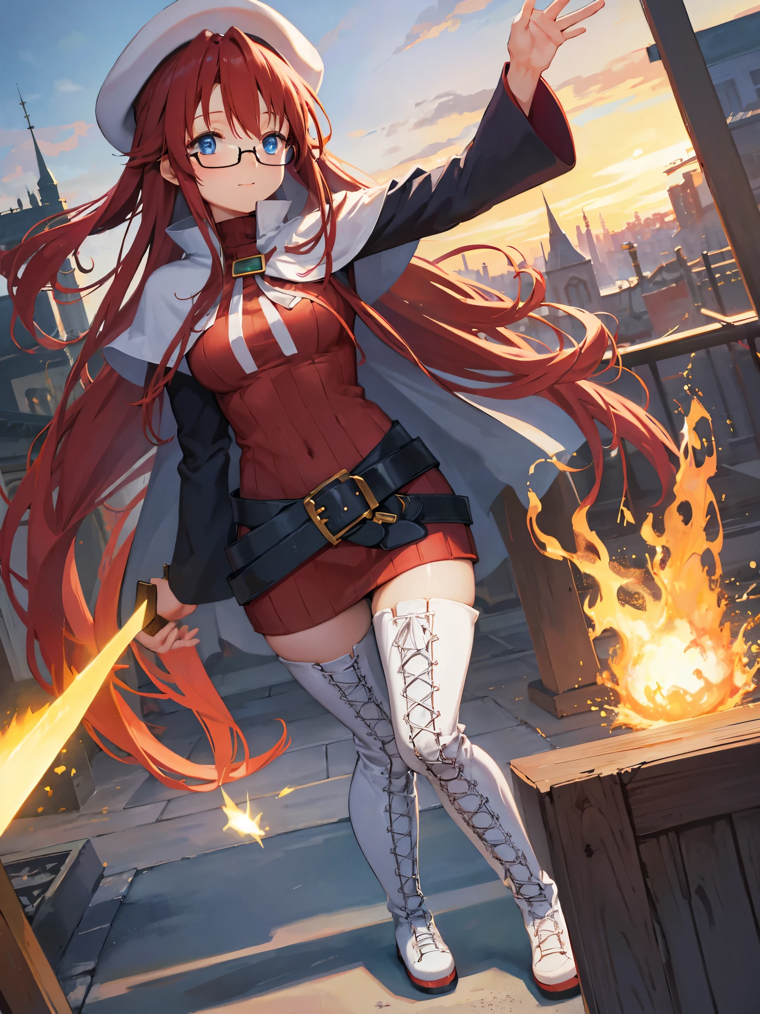 summonnightaty, aty, long hair, blue eyes, red hair, beret, hat, glasses,
BREAK long hair, thighhighs, hat, dress, boots, glasses, belt, cape, sweater, zettai ryouiki, beret, thigh boots, white footwear, ribbed sweater, loose belt,solo,
BREAK outdoors, fantasy_town,
BREAK (masterpiece:1.2), best quality, high resolution, unity 8k wallpaper, (illustration:0.8), (beautiful detailed eyes:1.6), extremely detailed face, perfect lighting, extremely detailed CG, (perfect hands, perfect anatomy),covered_nipples,covered_navel,light_smile ,(half_eyes:1.4),sword,armpit,sleepy,dynamic_standing,barrel,red_sweater,apart_legs,