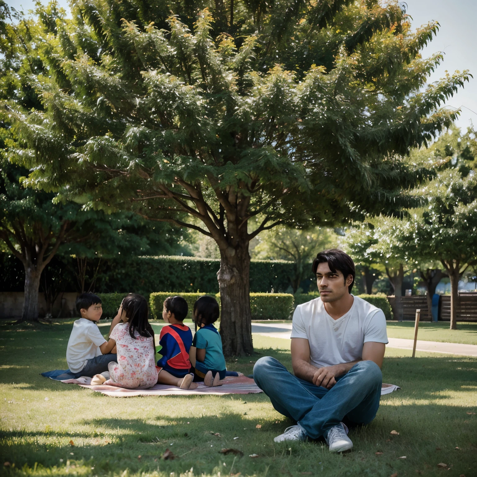 Generate an image of a man sitting under a tree surrounded by children 