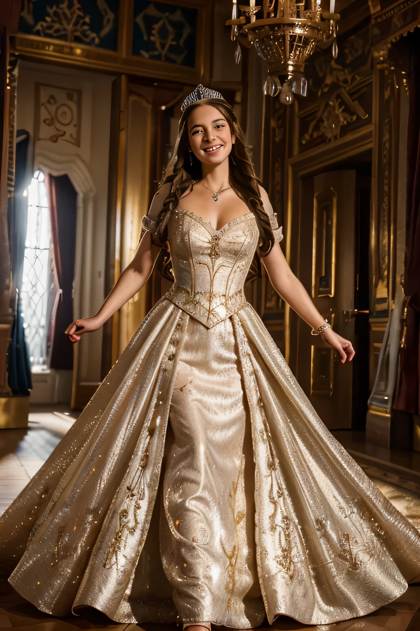 (best quality, ultra detailed, amsterpiece: 1.2,) detailed face, detailed princess, long brunette hair, braided, princess gown, disney princess, jewellery, spinning, gown, princess gown, in a magnificient castle, royal castle, daancing, laughing