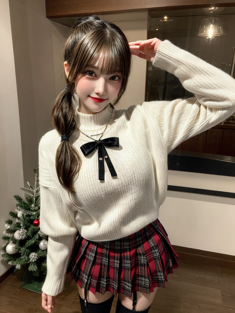 Super high quality, super high definition, super detailed, masterpiece, 20 years old, female, cute, nice body, perfect face, beautiful, white knit sweater, winter clothes, pleated skirt, red and black checked skirt, long skirt,necklace, bracelet, knee-high socks, boots, double eyelids, tear bags, fingers. Detailed, photo-like description, indoors, dim indoor lighting, blonde hair, pony tail,standing, whole body, composition that shows the whole body, smiling,