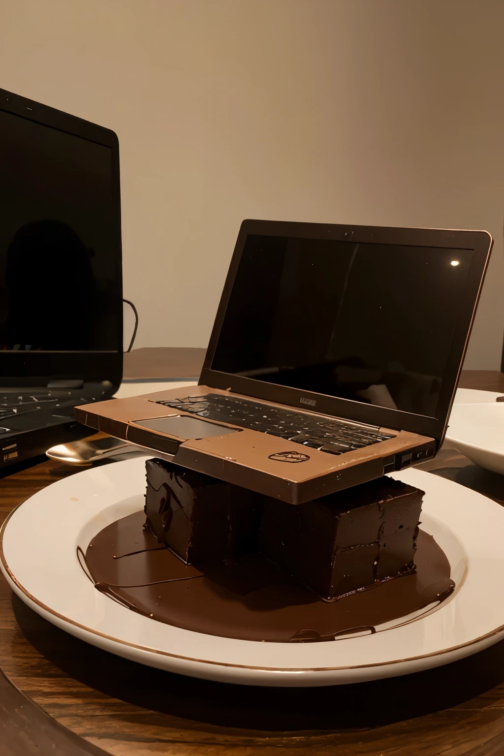 a  laptop made entirely of chocolate on a dinner plate, surrounded by a fork and knife 

