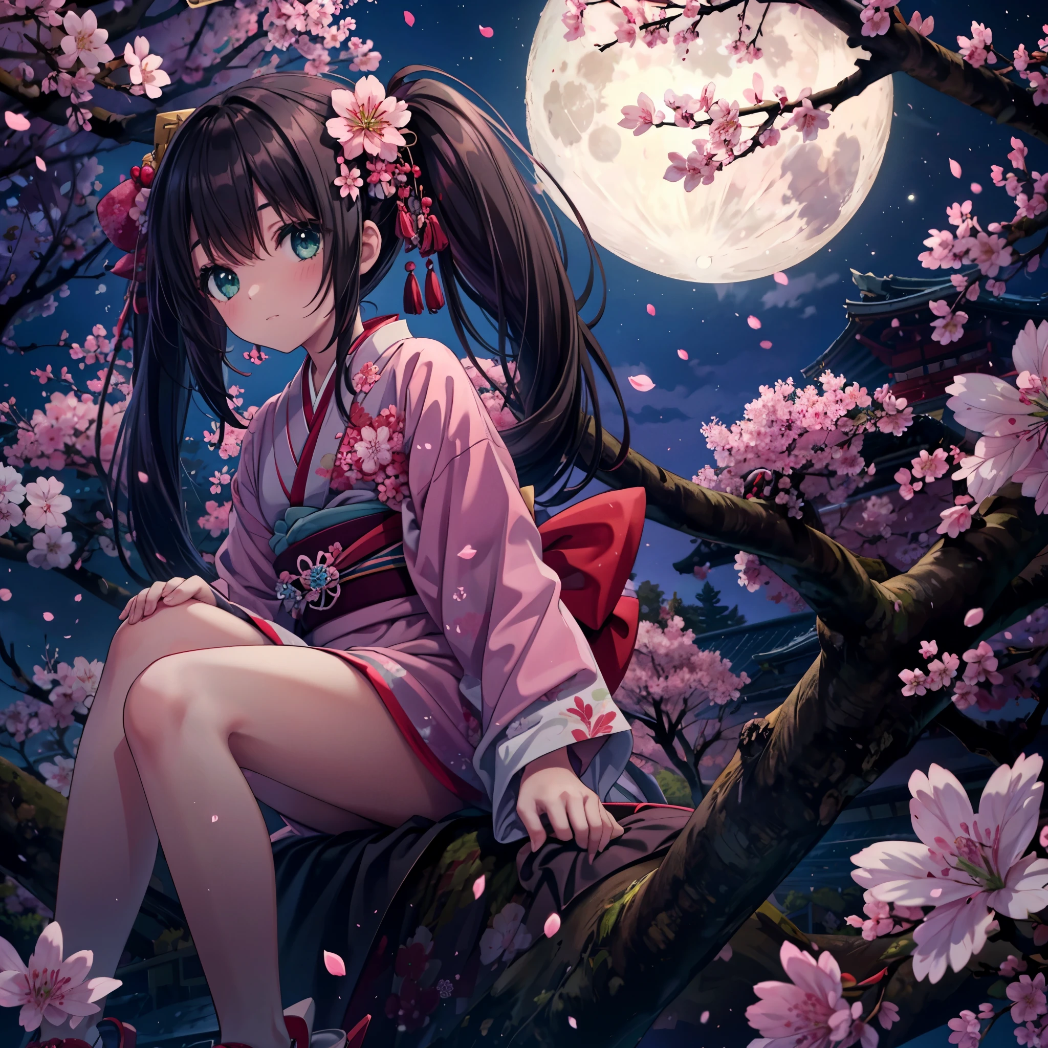 (masterpiece), best quality, 1girl, solo, a girl wearing pink kimono laying down on top of a tree with cherry blossoms at night, raise her head, 1girl, solo, black hair, twintails, japanese clothes,kimono, obi, sash, geta, okobo, sitting, sitting in tree, bare legs,  cherry blossoms, sakura, petals, sakura fubuki, branch, moon, full moon, Colorful portraits