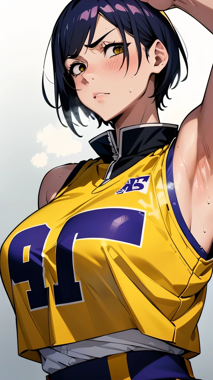 a close up of a person wearing a basketball uniform, a picture, inspired by Kentaro Miura, trending on pixiv, Kugisaki Nobara, Jujutsu Kaisen, wearing yellow nba jersey, yellow croptop nba jersey, wearing a low cut croptop, wearing croptop, croptop, the word "Lakers" on the croptop, golden raito, (winking), shirobako, large)}], favorite scene, fine details. anime. skins, sweating, big breasts, both hands raised, armpits, armpits visible, dripping with sweat, more more sweat, sweaty armpits