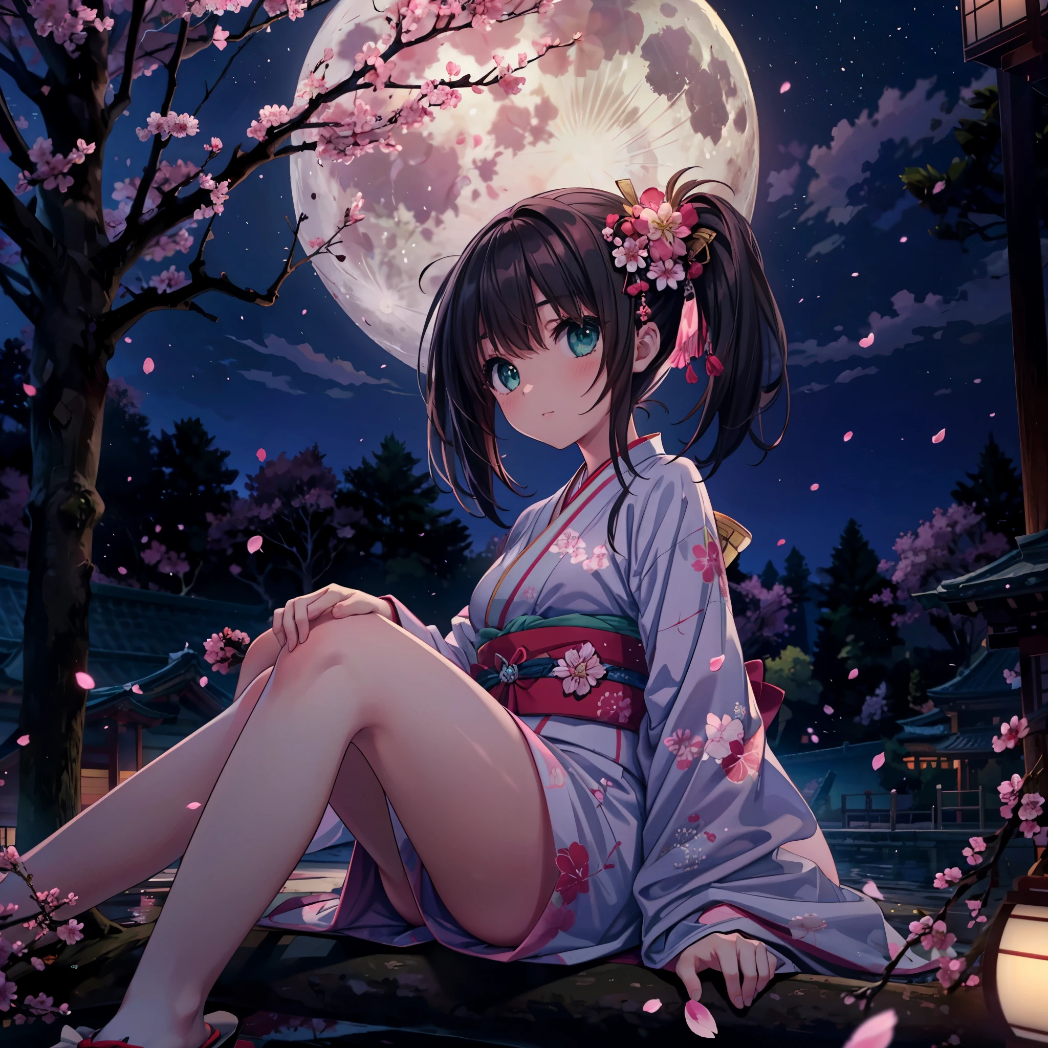 (masterpiece), best quality, 1girl, solo, a girl wearing pink kimono laying down on top of a tree with cherry blossoms at night, raise her head, 1girl, solo, black hair, twintails, japanese clothes,kimono, obi, sash, geta, okobo, sitting, sitting in tree, bare legs,  cherry blossoms, sakura, petals, sakura fubuki, branch, moon, full moon, Colorful portraits