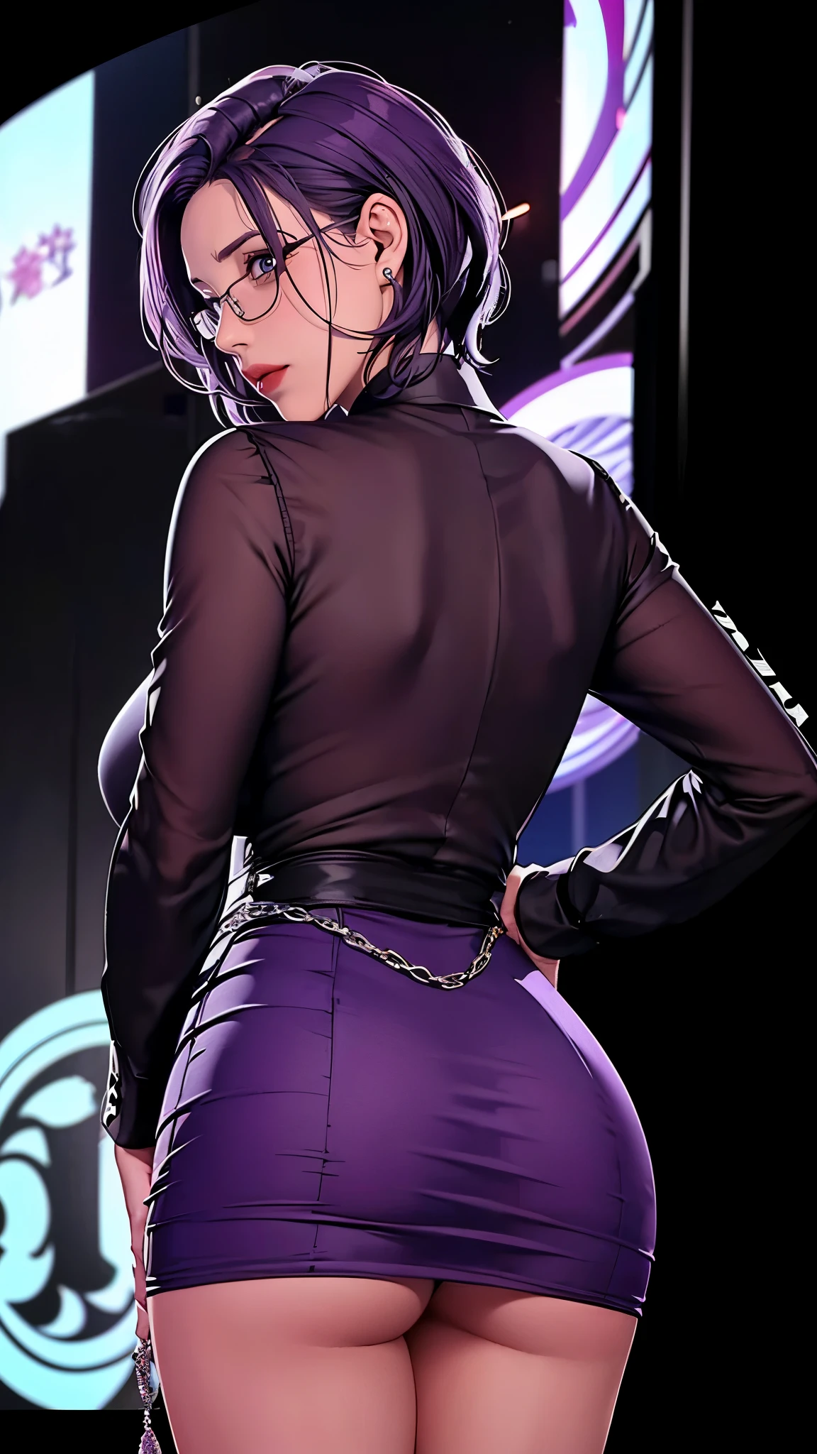 (((完美figure,figure,suit, gray shirt,hip-covering skirt(((JMT,Glasses,purple hair,short hair,purple eyes,MiJungdef,purple eyes,purple hair,medium hair,)))型figure:1.7))),((masterpiece)),high resolution, ((Best quality at best)),masterpiece,quality,Best quality,((( Exquisite facial features,looking at the audience,There is light in the eyes,Happy,nterlacing of light and shadow,huge boobs))),(((looking into camera,black background,looking_through_legs
looking back
from behind))))