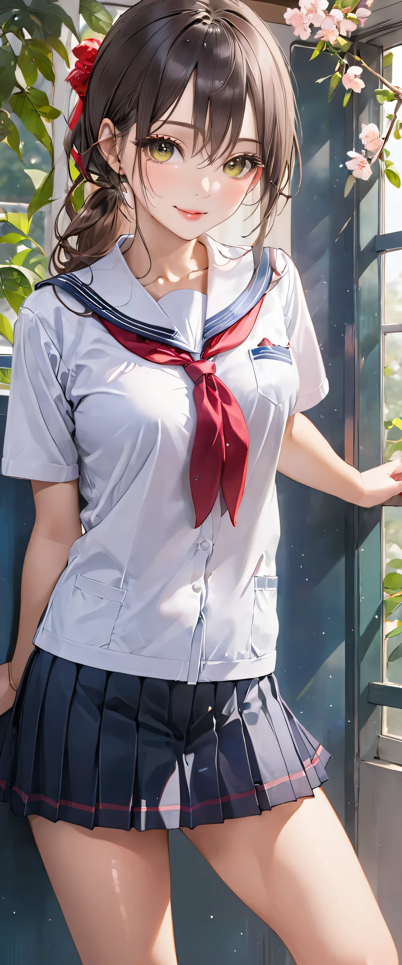 (masterpiece,highest quality,超A high resolution),japanese woman, (((Very beautiful 25 year old girl))), pretty girl、look at the photographer、 ((beautiful low ponytail)), super cute face, glossy lips, double eyelids in both eyes,natural smile、 natural makeup, long eyelashes, Shiny and smooth hair、center image, perfect limbs, perfect anatomy,(((school uniform))、School,
