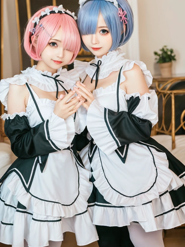 (8K, Photorealistic, Raw photo, of the highest quality: 1.3), (1girl in), Super beautiful, (Realistic face), (boyish, Silver Color Berry Shorthair), Beautiful , Glare that captivates the viewer, Beautiful expression, Beautiful breasts, (Realistic skin), Be...Create a detailed and colorful image of Ram and Rem from Re:Zero, standing back-to-back in their maid outfits, with a magical fantasy background、14years old, two girls,cute, perfect face, beautiful, nice body, gothic lolita clothes, gothic lolita fashion, frilly skirt, headdress, necklace, bracelet, knee-high socks, boots, double eyelids, tear bags, Detailed down to the fingers, photo-like description, indoors, dim indoor lighting, one girl is pink hair and short bob, another girl is light blue hair and short bob,standing, whole body, composition that shows the whole body, smiling,The Both of them are wearing the same type of maid outfit