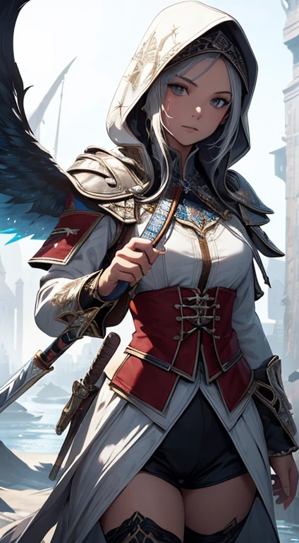 (highres:1.2),ultra-detailed,photorealistic,splash art,altair from Assassin's Creed,girl,white background,piercing eyes,artstation,colorful paint splash style,contour,hair strands,hyperdetailed,fantastical,unreal engine,extravagantly detailed costume,intricate detail,sword,assassin emblem,elaborate pose,splash screen