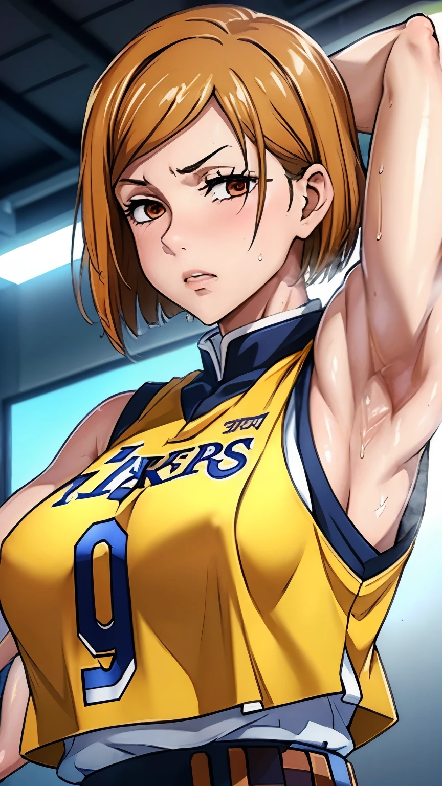 a close up of a person wearing a basketball uniform, a picture, inspired by Kentaro Miura, trending on pixiv, Kugisaki Nobara, Jujutsu Kaisen, wearing yellow nba jersey, yellow croptop nba jersey, wearing a low cut croptop, wearing croptop, croptop, the word "Lakers" on the croptop, golden raito, (winking), shirobako, large)}], favorite scene, fine details. anime. skins, sweating, big breasts, both hands raised, armpits, armpits visible, dripping with sweat, more more sweat, sweaty armpits