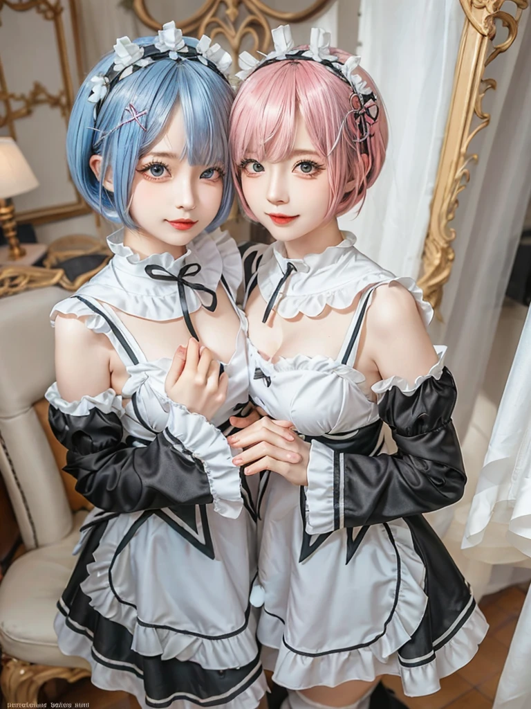(8K, Photorealistic, Raw photo, of the highest quality: 1.3), (1girl in), Super beautiful, (Realistic face), (boyish, Silver Color Berry Shorthair), Beautiful , Glare that captivates the viewer, Beautiful expression, Beautiful breasts, (Realistic skin), Be...Create a detailed and colorful image of Ram and Rem from Re:Zero, standing back-to-back in their maid outfits, with a magical fantasy background、14years old, two girls,cute, perfect face, beautiful, nice body, gothic lolita clothes, gothic lolita fashion, frilly skirt, headdress, necklace, bracelet, knee-high socks, boots, double eyelids, tear bags, Detailed down to the fingers, photo-like description, indoors, dim indoor lighting, one girl is pink hair and short bob, another girl is light blue hair and short bob,standing, whole body, composition that shows the whole body, smiling,The Both of them are wearing the same type of maid outfit
