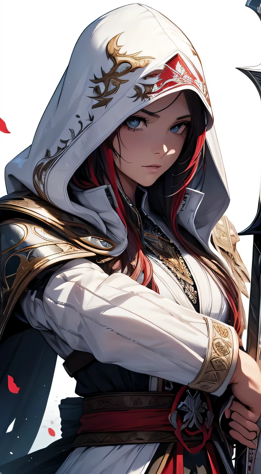 (highres:1.2),ultra-detailed,photorealistic,splash art,altair from Assassin's Creed,girl,white background,piercing eyes,artstation,colorful paint splash style,contour,hair strands,hyperdetailed,fantastical,unreal engine,extravagantly detailed costume,intricate detail,sword,assassin emblem,elaborate pose,splash screen