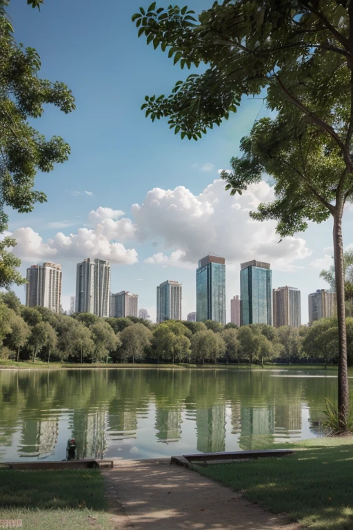 Create a drawing where a park appears with a lake and many trees, including some tropical trees, and around and on the horizon several tall buildings.
