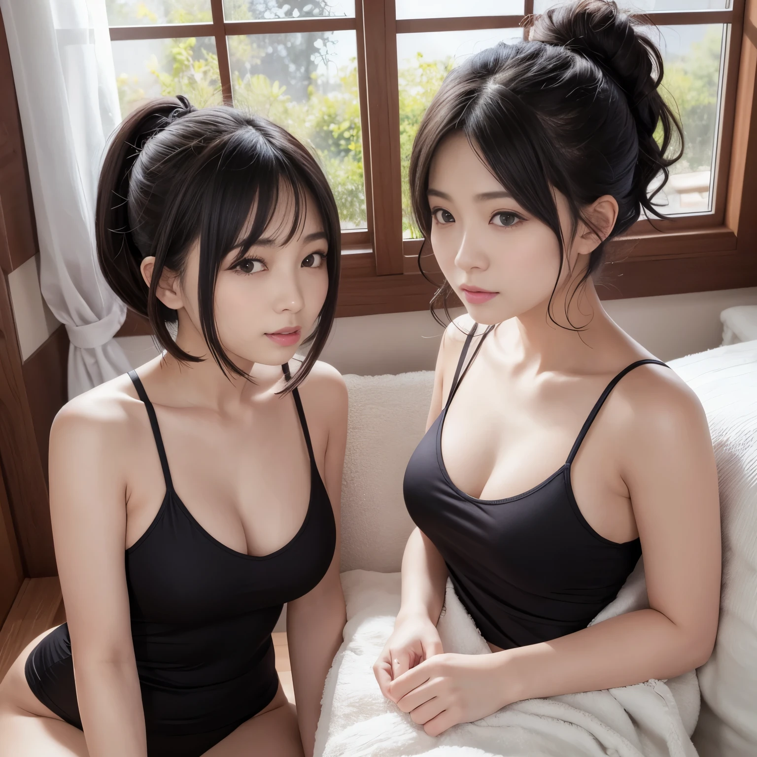 very high quality、detailed、Two Japanese women with beautiful faces、18 ～ Random age between 35 years、glamorous body、1 person with short hair and 1 person with ponytail、black hair、Completely naked、thin camisole、bedroom、look at the camera、fascinating look、embarrassed look、blush、half open mouth、expression of ecstasy、wet skin、each other&#39;s breasts touch、fingers touch body