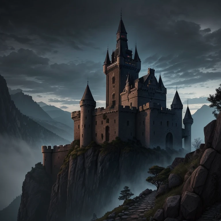 Dark castel in the Rocks, high and impregnable castle-tower, with many warriors