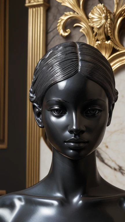 (masterpiece, Best quality, A high resolution:1.4), detailed, many small details, complex intricate details, filigree execution; 8K; detailed life-size statue of a miniature beautiful nude African girl in full height; material: highly polished black marble, Gold, plant environment; increased detail of the face and hands, realistic shine of polished marble; line art, art, Fibonacci,