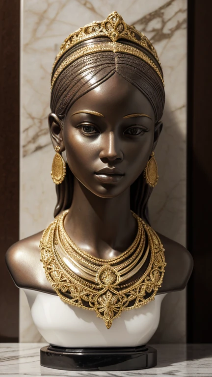 (masterpiece, Best quality, A high resolution:1.4), detailed, many small details, complex intricate details, filigree execution; 8K; detailed life-size statue of a miniature beautiful nude African girl in full height; material: highly polished black marble, Gold, plant environment; increased detail of the face and hands, realistic shine of polished marble; line art, art, Fibonacci,