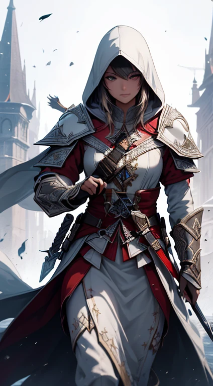 (highres:1.2),ultra-detailed,photorealistic,splash art,altair from Assassin's Creed,girl,white background,piercing eyes,artstation,colorful paint splash style,contour,hair strands,hyperdetailed,fantastical,unreal engine,extravagantly detailed costume,intricate detail,sword,assassin emblem,elaborate pose,splash screen