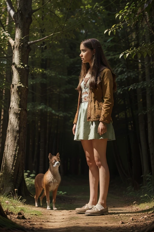 Illustrations for a fairy tale about a girl, girl standing in the forest, she talks to animals