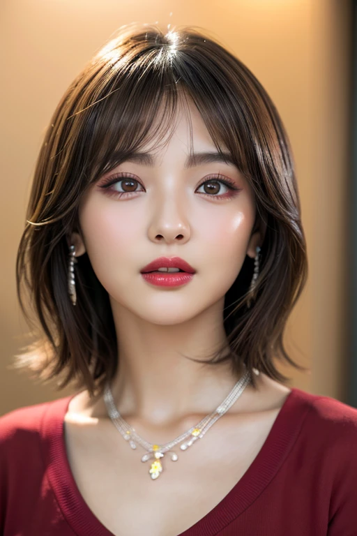 (highest quality、table top、8K、best image quality、Award-winning work)、(one young girl, 14 years old:1.3)、(Perfect V-neck red long knit sweater:1.2)、(red eyeshadow:1.2)、perfect makeup、long eyelashes、Super high-definition sparkling eyes、ultra high definition hair、ultra high resolution glossy lips、Super high resolution perfect teeth、Super high resolution cute face、brown hair、(very short straight hair:1.1)、look at me and smile、[clavicle]、accurate anatomy、(close up of face:1.5)、Luxury love hotel、(The most moody warm lighting:1.2)、blurred background、With bangs、Super high-resolution glossy and moisturized face、Super high resolution glowing skin、most detailed face、Ultra high resolution detailed faces、ultra high resolution hair、Super high resolution sparkling eyes、Beautiful face drawn in every detail、Super high resolution glossy red lips、big breasts、cleavage、Fashionable necklaces、high school girls uniform