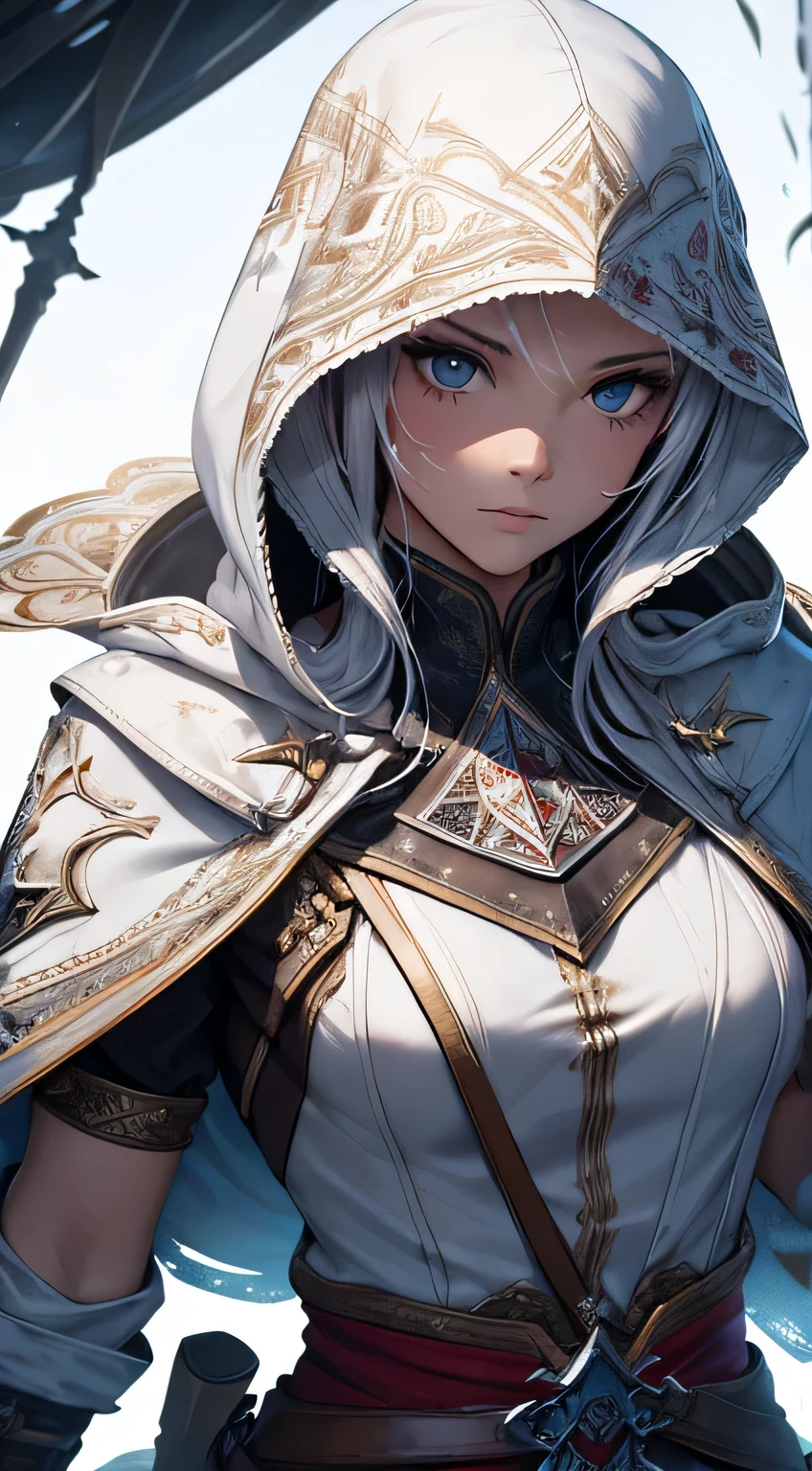 (highres:1.2),ultra-detailed,photorealistic,splash art,altair from Assassin's Creed,girl,white background,piercing eyes,artstation,colorful paint splash style,contour,hair strands,hyperdetailed,fantastical,unreal engine,extravagantly detailed costume,intricate detail,sword,assassin emblem,elaborate pose,splash screen