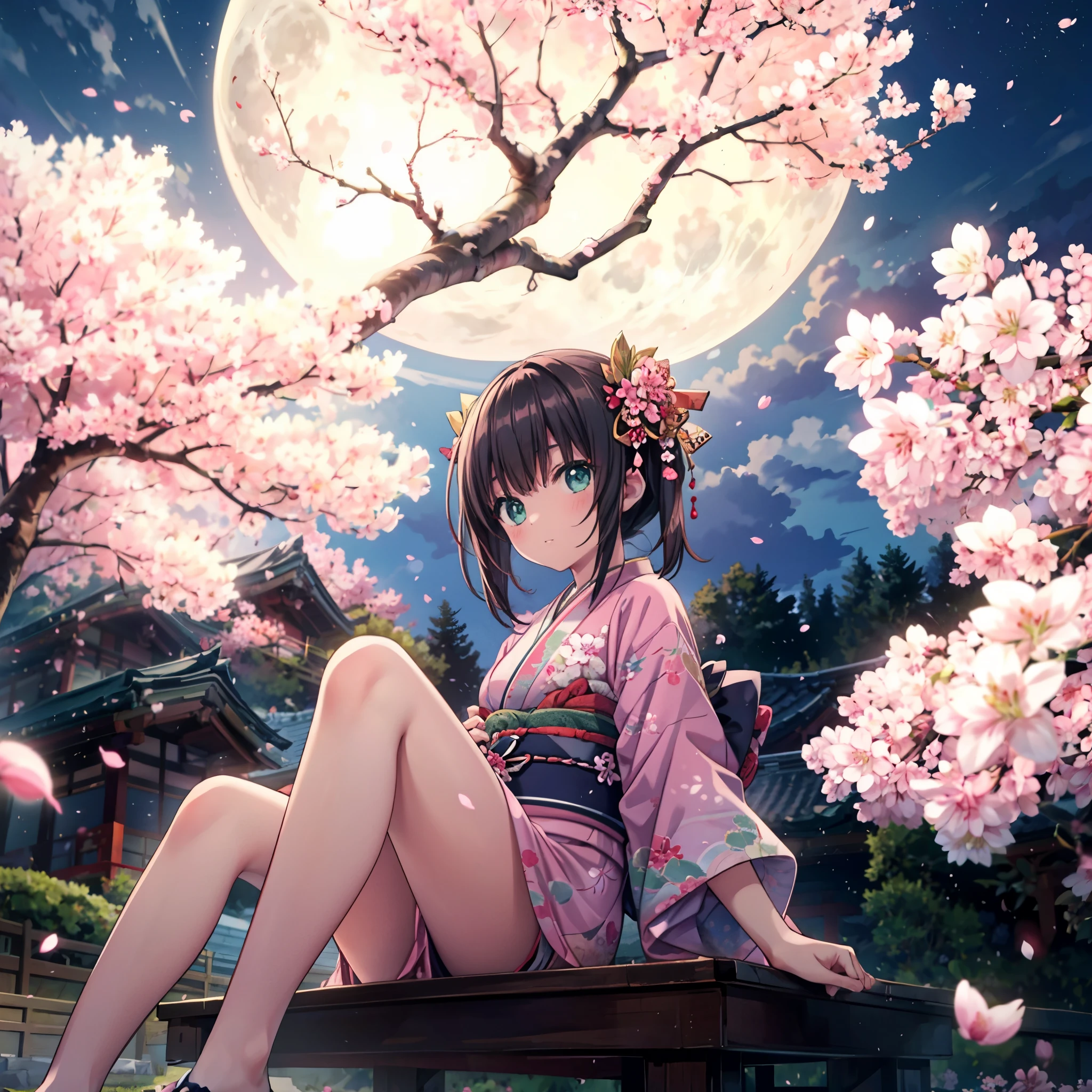 (masterpiece), best quality, 1girl, solo, a girl wearing pink kimono laying down on top of a tree with cherry blossoms at night, raise her head, 1girl, solo, black hair, twintails, japanese clothes,kimono, obi, sash, geta, okobo, sitting, sitting in tree, bare legs, cherry blossoms, sakura, petals, sakura fubuki, branch, moon, full moon, Colorful portraits