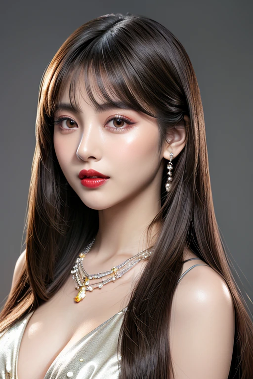 (highest quality、Full body photo 1.2、8K、best image quality、Award-winning work)、(one young girl, :1.3)、(Luxury dresses:1.2)、(red eyeshadow:1.2)、perfect makeup、long eyelashes、Super high-definition sparkling eyes、ultra high definition hair、ultra high resolution glossy lips、Super high resolution perfect teeth、Super high resolution cute face、brown hair、(((very long straight hair:1.5))、look at me and smile、[clavicle]、accurate anatomy、(close up of face:1.5)、Luxury love hotel、(The most moody warm lighting:1.2)、blurred background、With bangs、Super high-resolution glossy and moisturized face、Super high resolution glowing skin、most detailed face、Ultra high resolution detailed faces、ultra high resolution hair、Super high resolution sparkling eyes、Beautiful face drawn in every detail、Super high resolution glossy red lips、big breasts、cleavage、Fashionable necklaces、high school girls uniform