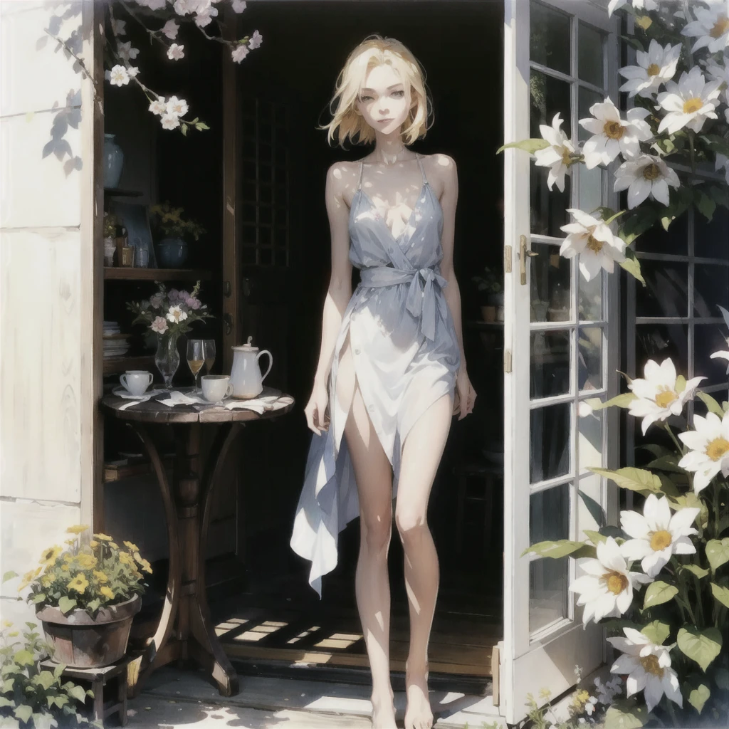 An exquisite slender girl of  with a perfect face with blond hair in the rays of the rising sun, naked with tender breasts with pink nipples, barefoot on the veranda in the garden, drinking wine and looking at flowers, in watercolor style, Discreet shades, Flares, imitation of film photography, against the sun, a lot of sun glare, light fills the frame