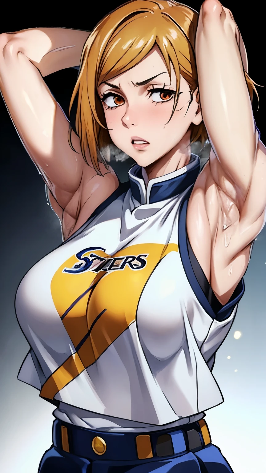 a close up of a person wearing a basketball uniform, a picture, inspired by Kentaro Miura, trending on pixiv, Kugisaki Nobara, Jujutsu Kaisen, wearing yellow nba jersey, yellow croptop nba jersey, wearing a low cut croptop, wearing croptop, croptop, the word "Lakers" on the croptop, golden raito, (winking), shirobako, large)}], favorite scene, fine details. anime. skins, sweating, big breasts, both hands raised, armpits, armpits visible, dripping with sweat, more more sweat, sweaty armpits