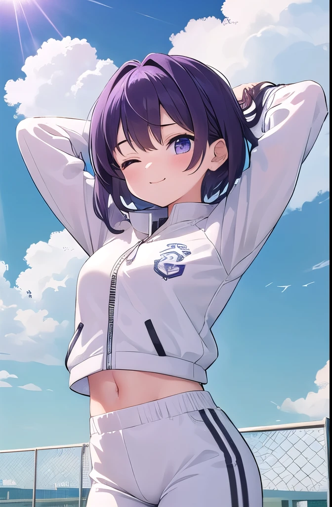 masterpiece,best quality,ultra detail, perfect anatomy, girl, 18 year old, white track jacket, white track pants, arms up, stertching, eyes closed, blush, happy, sky, wind, wind blow, dark purple hair, medium hair, sunshine, arms behind head