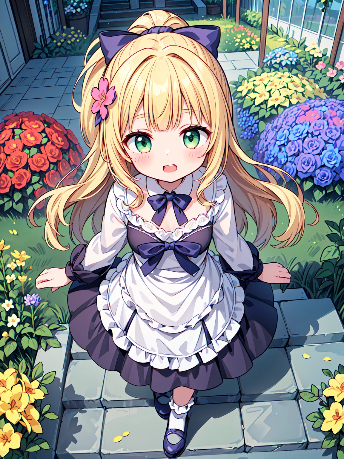 (super detailed illustrations:1.2),(masterpiece, 8K), (最high quality, high quality:1.4), perfect anatomy, very detailed, super detailed,masterpiece background,beautiful detailed background, v8K wallpaper,perfect design,award winning art,atmospheric,
break, 1 beautiful girl, girl, (cute:1.5),(a bit:0.5),(cute:2.0),(change:2.0),(9 year old girl),(small breasts:1.65),(chin hair,blonde,blue bow,green eyes,Eyebrows visible through the hair,side lock,long hair and bangs parted, hair flower, hair ornaments, big ribbon in hair, curly hair, ponytail:1.6),:he, white feathers, one thin white wing, Ang he wings, spread your wings, shining wings),pit \black},glowing skin, beautiful skin, Shining beautiful skin, open your mouth, shy smile, alone, teeth, 上のteeth,(long eyheashes, double eyheids:1.2),alone, glowing skin, beautiful skin, Shining beautiful skin,(highest quality face),(highest quality shining eyes),
break, (Inspired by musical motifs:1.2), white lace, (closed collar long sleeve blouse:1.2) and frilled and ribbon, Under voluminous panniers (musical note pattern long dress:1.6) and (Layered with lots of frills:1.2) andリボン, (Lace frill socks:1.2), music-themed accessories, have, Platform Shoes,break, (flower garden:1.8), (magic circle:1.3), (fantasy:1.5), (long shot:1.5), One, (light:1.2), light, blue sky, Wind, falling petals, illusion effect, magic effect,
break,Seaweed,Seaweed,Seaweed,(look up,from the front:1.5)
(Go up the stairs:1.5),
break,(blurred background:1.3),(absurd, High resolution, super detail art),cel shading,clear color, optical effect, beautiful photo, bright shine, mystic atmosphere,(Close-up of girl:1.1), mysterious light particle effect,Manga influence, beautiful line drawing,