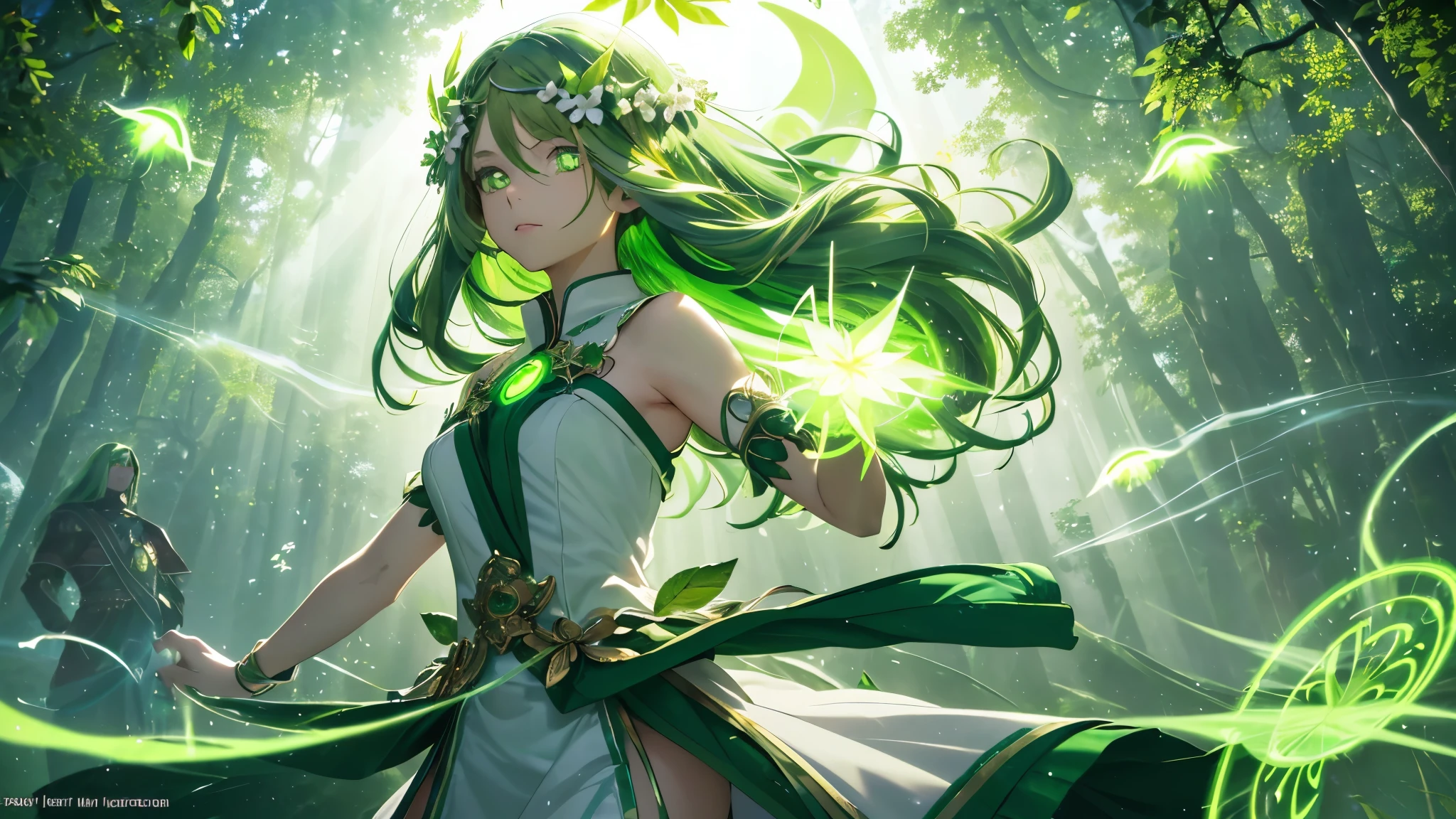 a goddess of life, mature look, mature body, (leaf green hair streaked glowing green:1.6), (super large low twin long braids), wavy hair, floating hair, hair strand, (glowing phantom green eyes:1.6), aqua eyes, pupils sparkling, longeyelashes, eye reflection, (((Glowing silver-green half-helmet))), ((A short skirt made of many leaves)), (Green thigh stockings), Leaf green boots, Glowing flower hairclip, flower earrings, ((Glowing clothing masterpiece)), (Hand holding long branch with small white flowers and leaves:1.4), (((A large green glowing magic circle at feet))), (((A huge upright leaf totem floats behind the back))), (((A halo composed of various greens on the head))), Many leaves are flying around the body, Random expressions, Random pose, (Floating on cloud), green god rays, Focus on face, Highly detailed face, high quality clothes, anime, Futurism, chiaroscuro, motion blur, sparkle, glowing light, reflection light, ray tracing, UHD, retina, ccurate, masterpiece, super detail, best quality