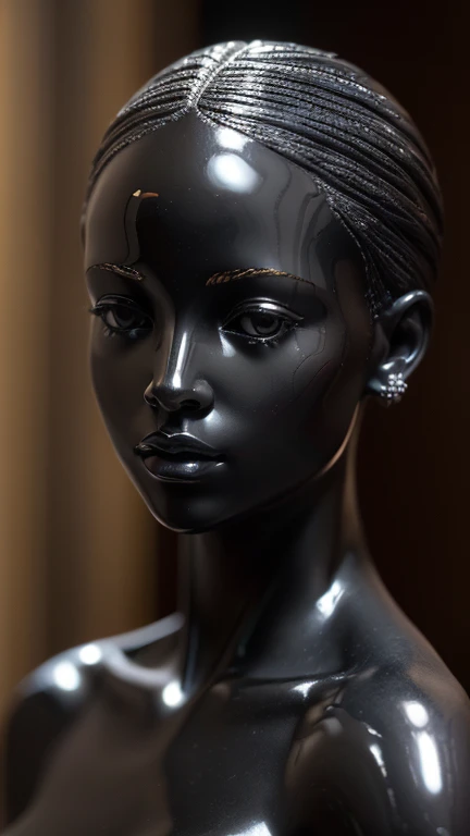 (masterpiece, Best quality, A high resolution:1.4), detailed, many small details, complex intricate details, filigree execution; 8K; detailed life-size statue of a miniature beautiful nude African girl in full height; material: highly polished black marble; increased detail of the face and hands, realistic shine of polished marble; line art, art, Fibonacci,