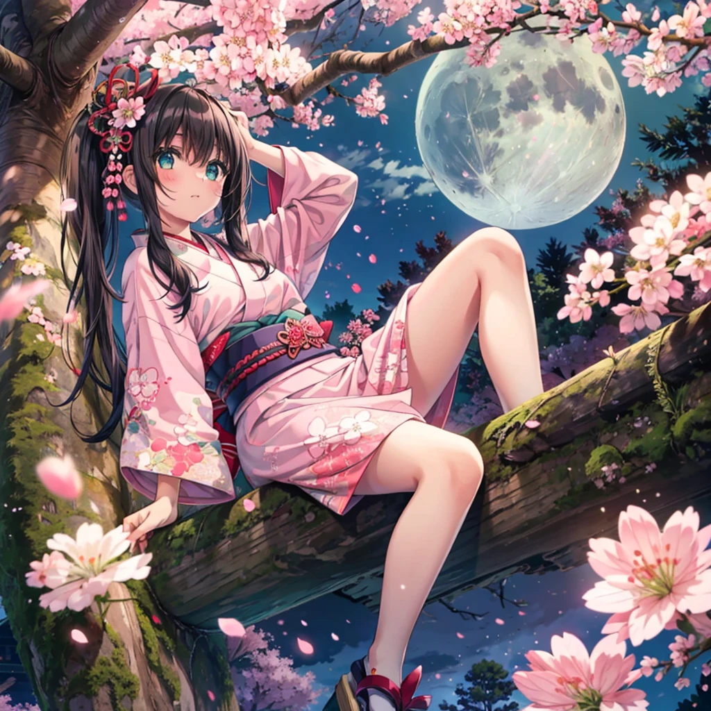 (masterpiece), best quality, 1girl, solo, a girl wearing pink kimono laying down on top of a tree with cherry blossoms at night, raise her head, 1girl, solo, black hair, twintails, japanese clothes,kimono, obi, sash, geta, okobo, sitting, sitting in tree, bare legs,  cherry blossoms, sakura, petals, sakura fubuki, branch, moon, full moon, Colorful portraits