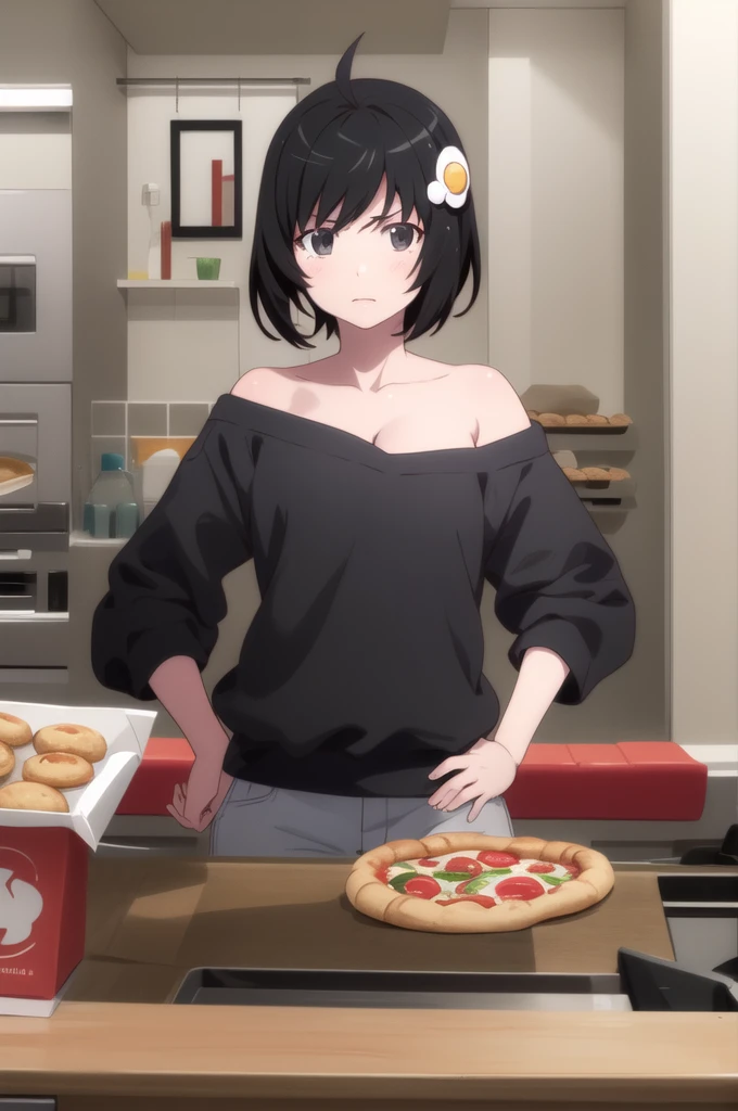 1girl, solo,
araragitsukihi, short hair,
hair ornament, ahoge, egg hair ornament,
strapless sweatshirt, serious, upper body shot, hands in hips, cleavage, in a pizzeria
 