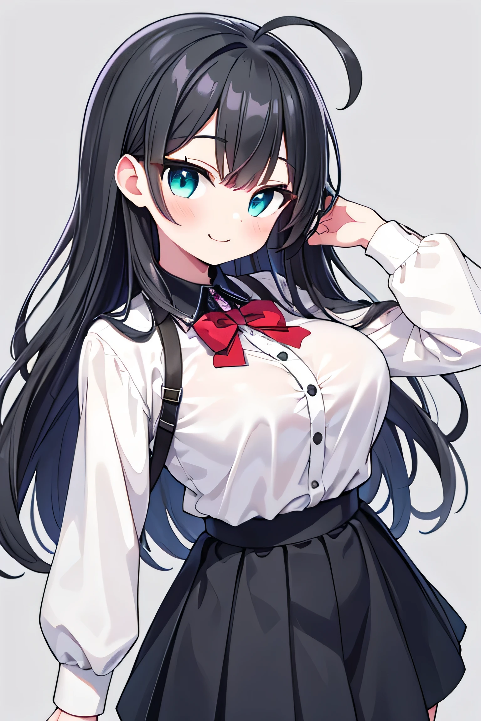 Junior high school student who looks like an elementary school student, 14 years old, very short, 140cm tall, black hair with a slight green tinge, short ahoge, beautiful long hair but with a little hair sticking out, beautiful round eyes, blue eyes, smile, boyish, long sleeves , thick clothes, skirt, big breasts, hair longer than waist, long hair, young face, dark greenish black hair, gentle smile, a little shy, skirt is black, hair is black but has a slight green tinge, boyish and gentle smile I have.