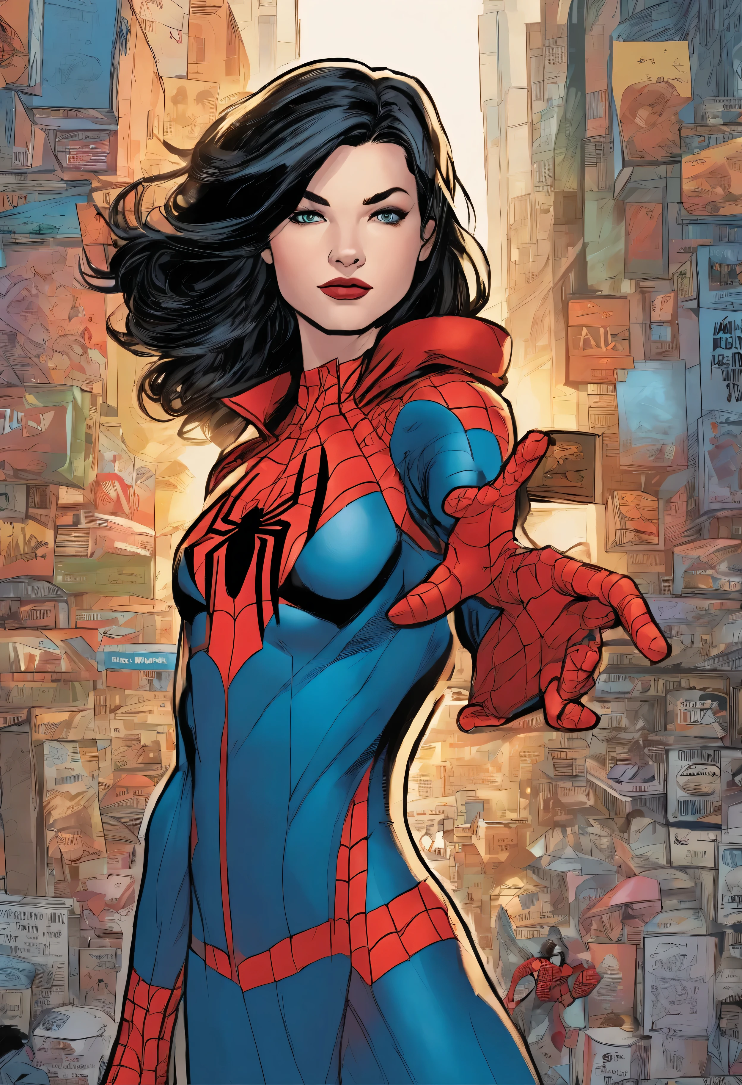 marvel conic panel, age girl, fair pale skin, grey blue eyes, black shoulder length hair, long lashes, black and red spiderman suit, eyeliner, red lips