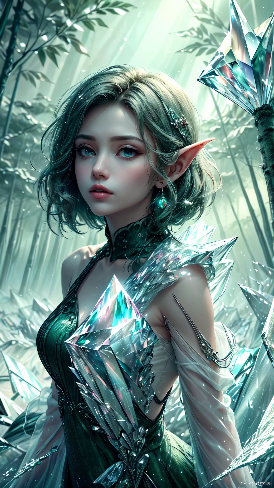 (Masterpiece, Top Quality, Best, Official Art, Beautiful and Aesthetic, Long Exposure: 1.2), Smooth Movement, Charming Patterns, 1 Girl, (Long Dress with Sleeves: 1.3), (((Green Clothes) )), upper body close-up, bare shoulders, Chinese girl, blush, black lob hair, portrait, solo, upper body, looking at the observer, detailed background, detailed face, (crystallineAI, crystalline theme:1.1), elemental wood elf, rotation foliage, control foliage, emerald clothing, dynamic pose, floating particles, ethereal dynamics, foliage, vapor, forest in the background, green tint, forest, ethereal atmosphere, detailed face, detailed eyes, detailed hands