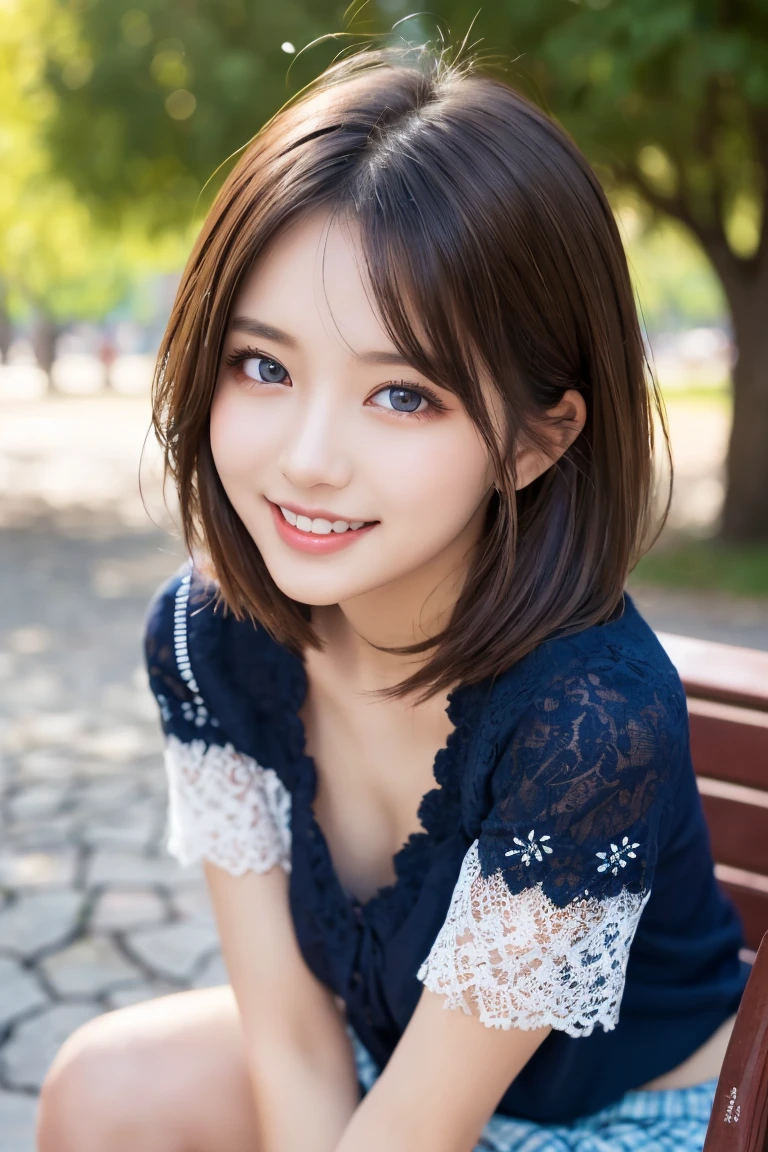 masutepiece, Best Quality, Photorealsitic, finely detail, hight resolution, 8K Wallpapers, Perfect dynamic composition, Beautiful detailed eyes, Medium Hair, Medium chest, Random and sexy poses,Bring your chest together、(Tight Blue Knitwear)、(Breast bulge)、A smile、open open mouth、The tip of the tongue is visible、Beautiful resort scenery、25-years old、(Drooping eyes 1.4)、Adult beauty、japanes