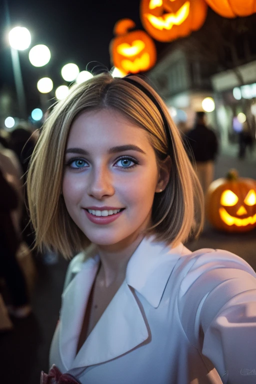 (Selfie, plan: 1.4), (Right half of the body: 1.4), RAW UHD portrait photo of a 24 year old blonde European woman (Femme aux yeux bleus) marcher dans une ruelle sombre, Halloween Costume, Ville la nuit, (rocher), (encolure), specifics (tissu! , cheveux! , briller, couleur!! , disadvantages: 1.1), Bright eyes with a high level of detail (staring into the camera), SLR lighting, Appareil photo reflex mono-objectif, ultra quality, re sharpness, profondeur de champ, Filmkorn (milieu), Fujifilm XT3, Limpide, Rahmenmitte, beau visage, mise au point nette, street lamp, Neonbeleuchtung, Bokeh (dimly lit), Nuit, (Ciel nocturne), detailed skin pores, peau grasse, coup de soleil, intricate eye details, corps entier entier, gros seins, souriante, flirts with the camera, Dressed in a halloween costume, photo Halloween, maquillage halloween, sourire, (Marilyn Monroe:0.2), short hair