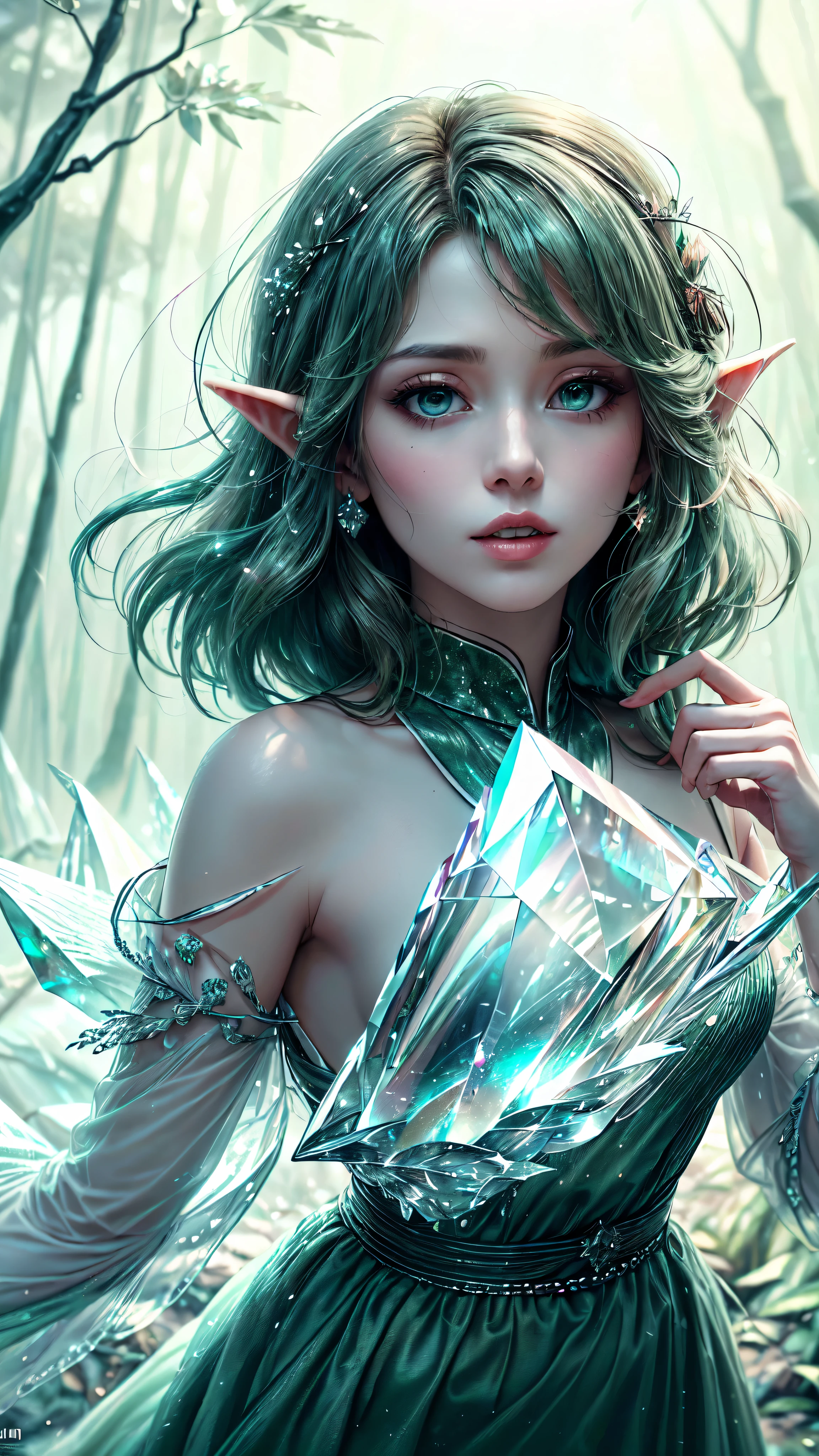 (Masterpiece, Top Quality, Best, Official Art, Beautiful and Aesthetic, Long Exposure: 1.2), Smooth Movement, Charming Patterns, 1 Girl, (Long Dress with Sleeves: 1.3), (((Green Clothes) )), upper body close-up, bare shoulders, Chinese girl, blush, black lob hair, portrait, solo, upper body, looking at the observer, detailed background, detailed face, (crystallineAI, crystalline theme:1.1), elemental wood elf, rotation foliage, control foliage, emerald clothing, dynamic pose, floating particles, ethereal dynamics, foliage, vapor, forest in the background, green tint, forest, ethereal atmosphere, detailed face, detailed eyes, detailed hands