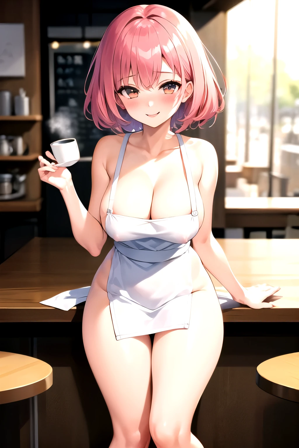 1girl, solo, nakano ichika, pink short hair, (naked:1.3), (white apron), large breasts, cleavage, thighs, cafe background, (blushing:1.2), smiling