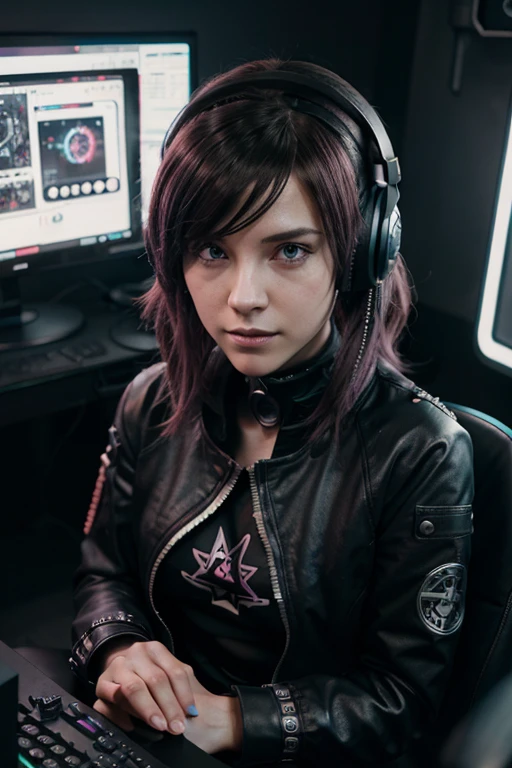 4 Karten im Cartoon-Stil, cyberpunk, kurzes Haar, dicke Augenbrauen, digital punk, Anime-Stil 4k, Kurzarm-Gaming-Kleidung, schwarzes Haar, Computerraum, Overhead-Gaming-Headset