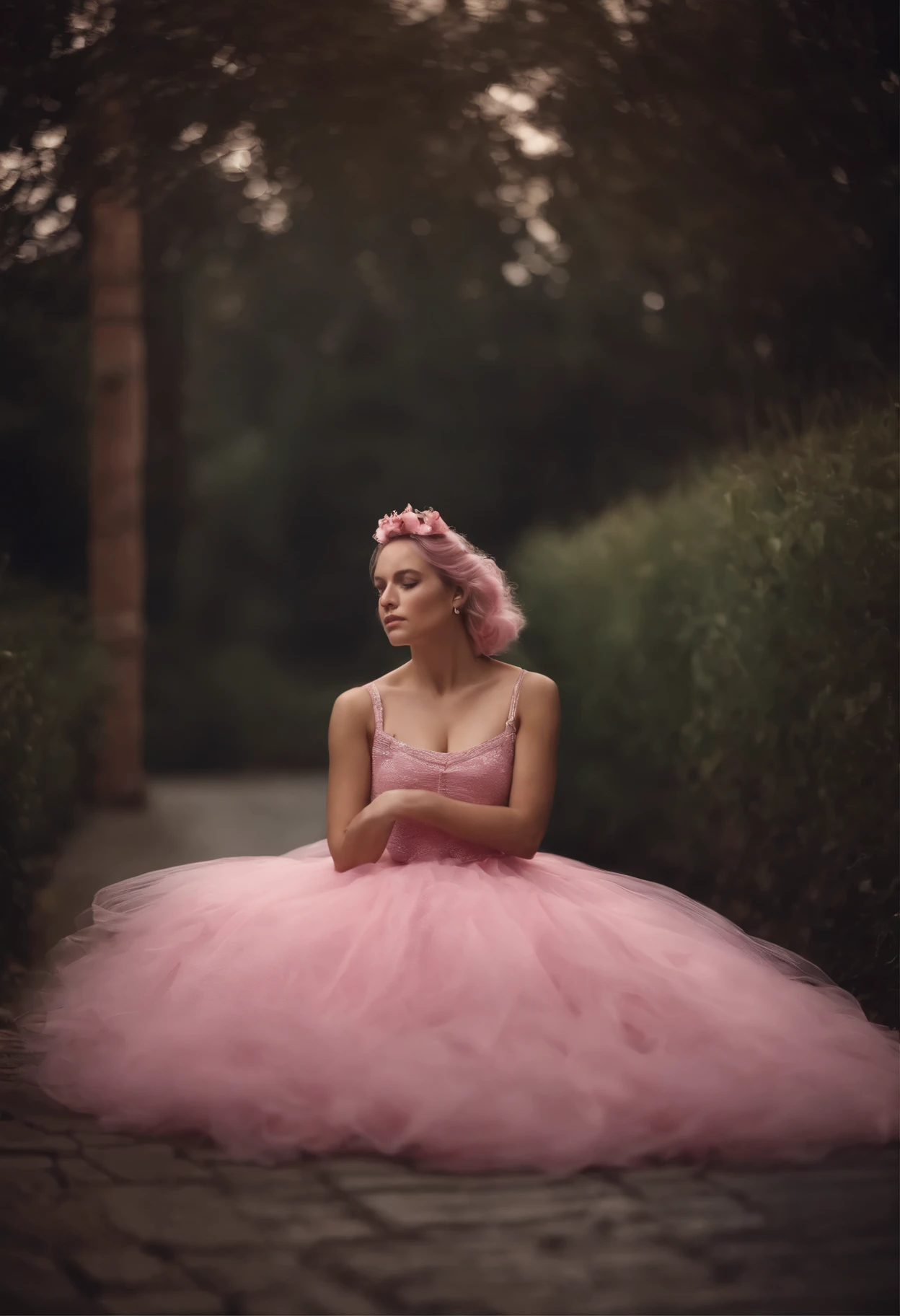 there is a woman in a pink dress sitting on the floor, wearing pink romantic tutu, wearing a pink tutu, wearing a pink romantic tutu, covered in pink flesh, pink tutu, dressed in a pink dress, wearing pink hair bow, with soft pink colors, wearing a pink dress, candy woman, dressed as a ballerina, wet, from above view, kneels on a bed