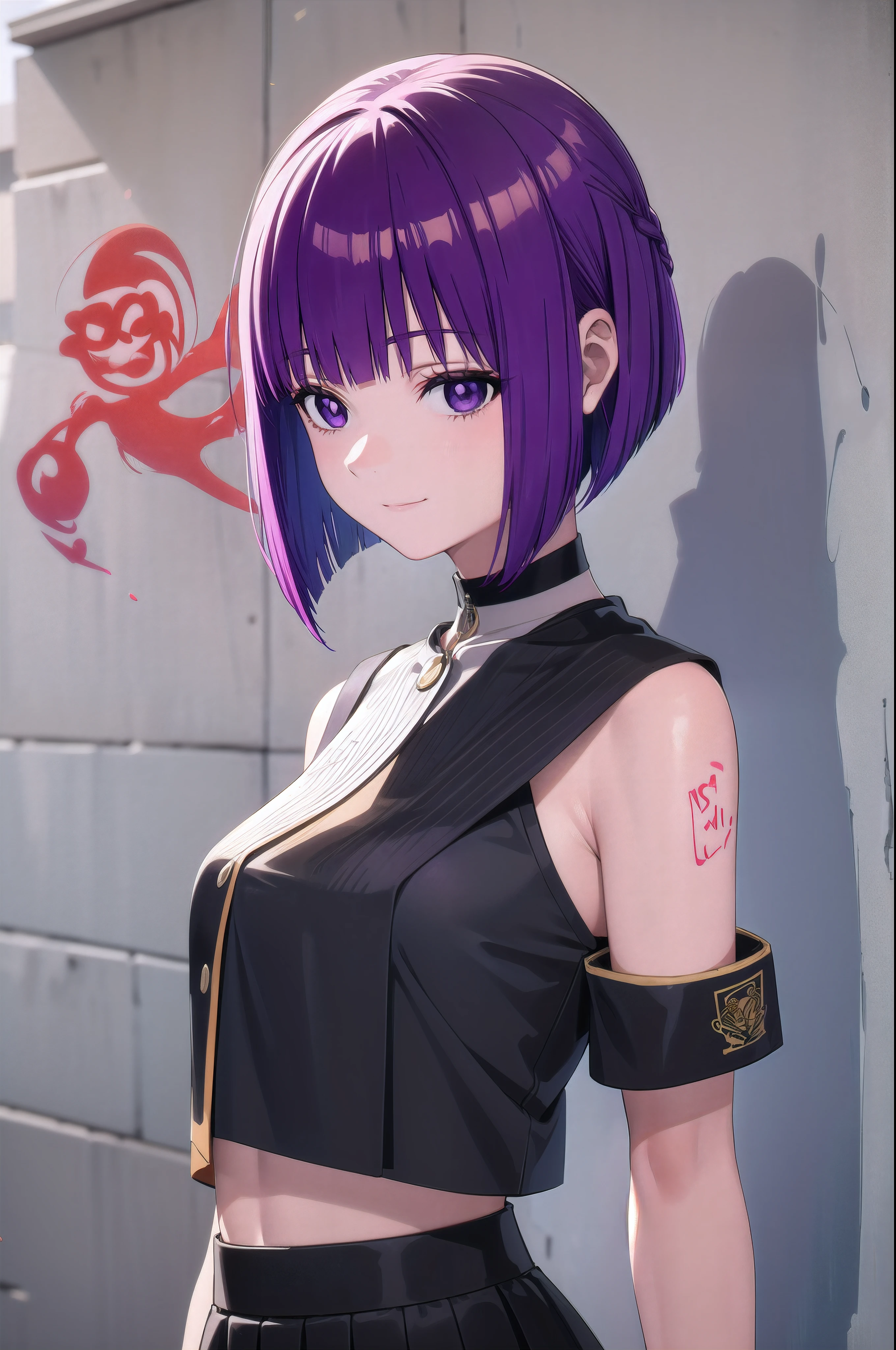 masterpiece, best quality, 1girl, solo, face mask, stylish crop top, smile, vibrant short purple hair, bobhair, short-hair, short bob hair, (((bobcut))), bob haircut, very short bob cut, lip length hair, blunt ends, (sciled bob), buzzed nape ((haircut:1.3)), undercut, bobbed hair, minibob, sidecut, shaved, purple eyes, graduation bob, straight short hair, short hair above the ears, Shot diagonally from the side, elegant braid, soft bangs, upper body, alluring choker, (graffiti:1.5), artistic paint splatter, seductive arms behind back, leaning against wall, exposed back, fashionable armband, urban hiphop style, flirty skirt, playful head tilt, intense expression, warm orange, dynamic asymmetrical design, bold geometric shapes, creative street art