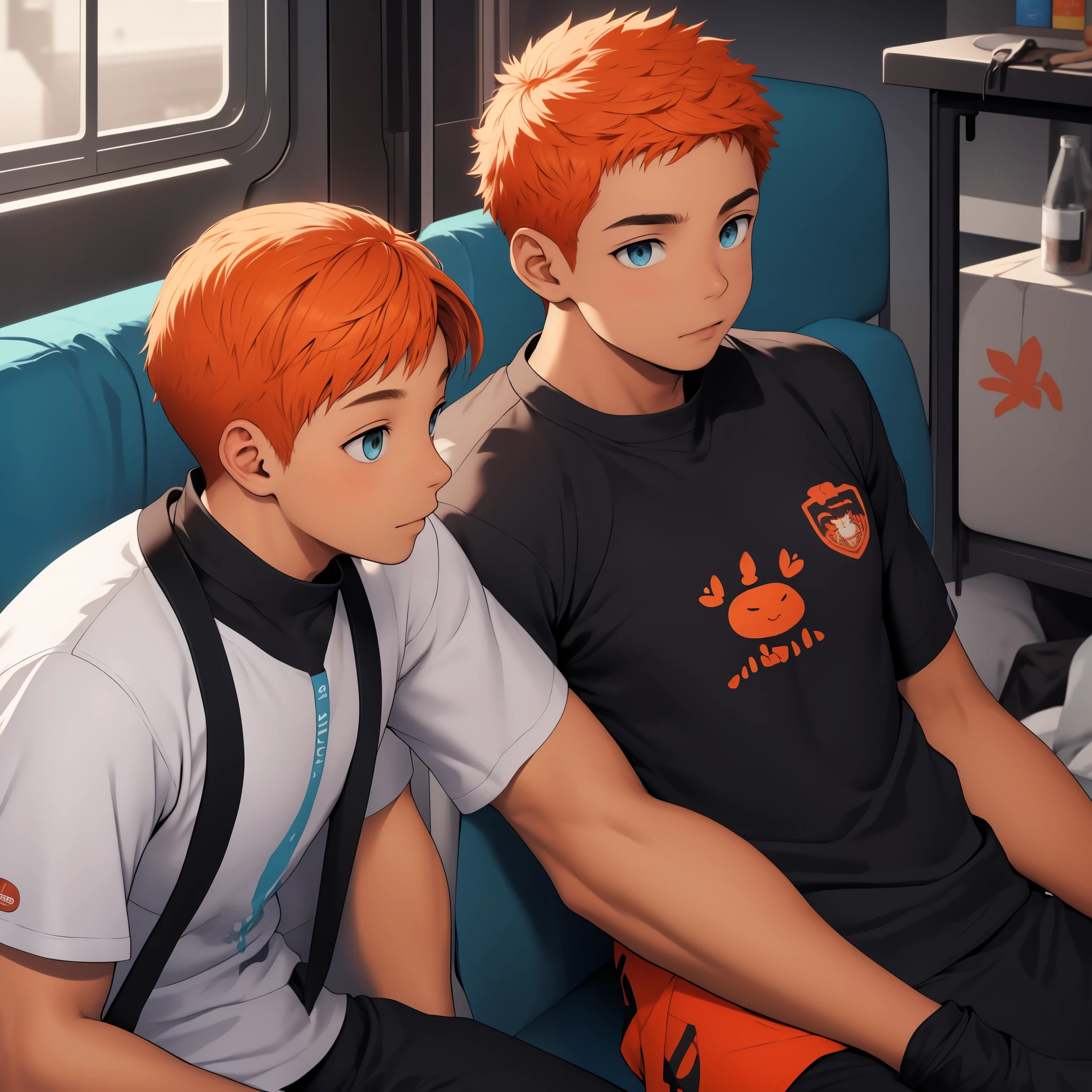 hay dor hermanos uno de cabello corto naranja se miran ala cara se estan mirando 
