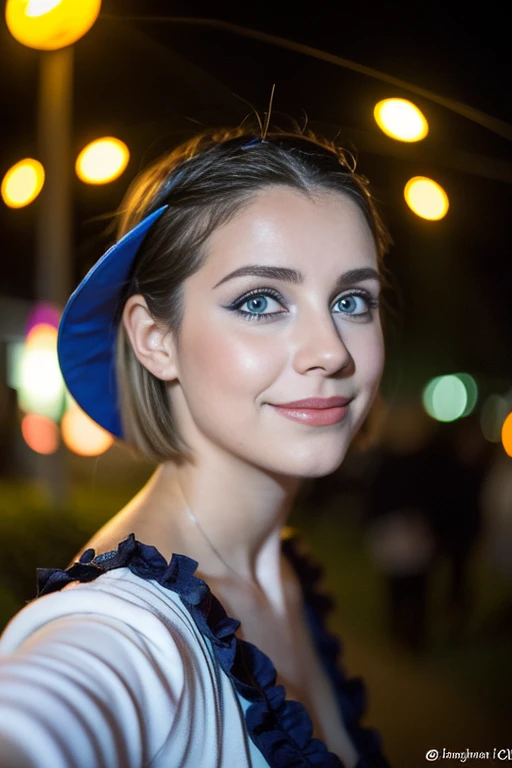 (Selfie, plan: 1.4), (Right half of the body: 1.4), RAW UHD portrait photo of a 24 year old blonde European woman (Femme aux yeux bleus) marcher dans une ruelle sombre, Halloween Costume, Ville la nuit, (rocher), (encolure), specifics (tissu! , cheveux! , briller, couleur!! , disadvantages: 1.1), Bright eyes with a high level of detail (staring into the camera), SLR lighting, Appareil photo reflex mono-objectif, ultra quality, re sharpness, profondeur de champ, Filmkorn (milieu), Fujifilm XT3, Limpide, Rahmenmitte, beau visage, mise au point nette, street lamp, Neonbeleuchtung, Bokeh (dimly lit), Nuit, (Ciel nocturne), detailed skin pores, peau grasse, coup de soleil, intricate eye details, corps entier entier, gros seins, souriante, flirts with the camera, Dressed in a halloween costume, photo Halloween, maquillage halloween, sourire, (Marilyn Monroe:0.2), short hair