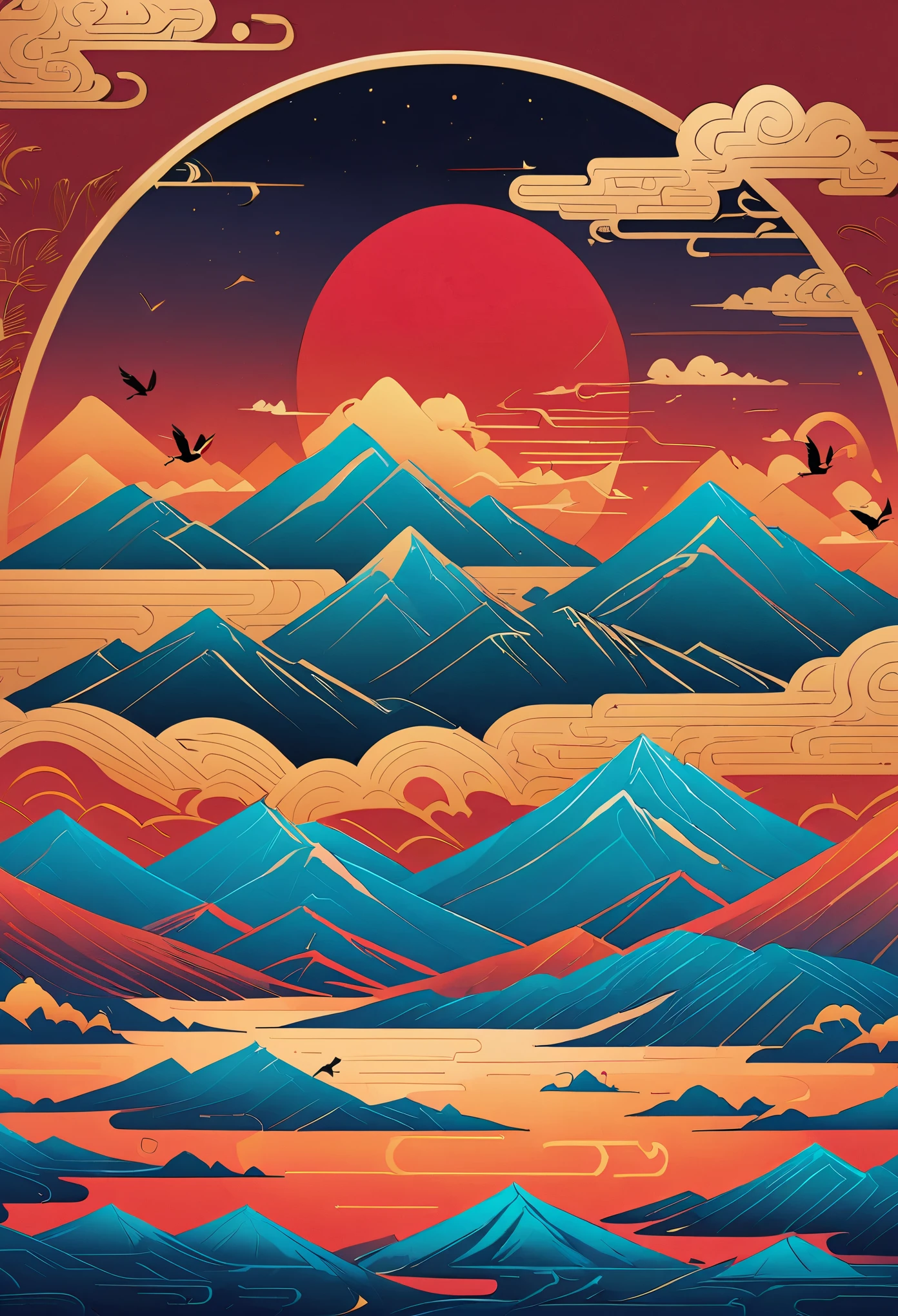 pine，A Thousand Miles of Rivers and Mountains，Flying cranes，Lacquer、relief、mountains，gold foil，Minimalist composition of Chinese landscapes、red sky solid color，illustration