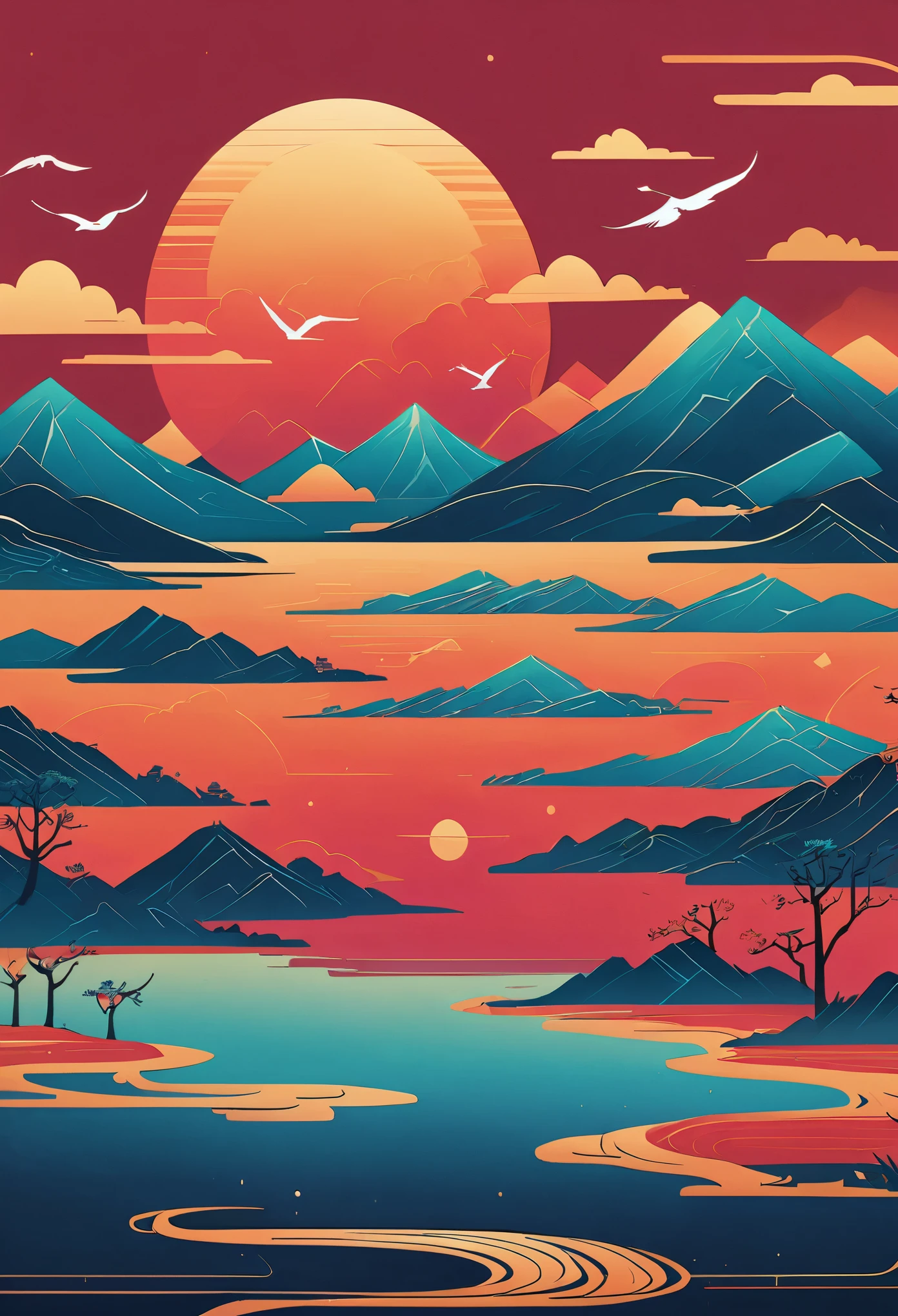 pine,A Thousand Miles of Rivers and Mountains,Flying cranes,Lacquer、relief、mountains,gold foil,Minimalist composition of Chinese landscapes、red sky solid color,illustration