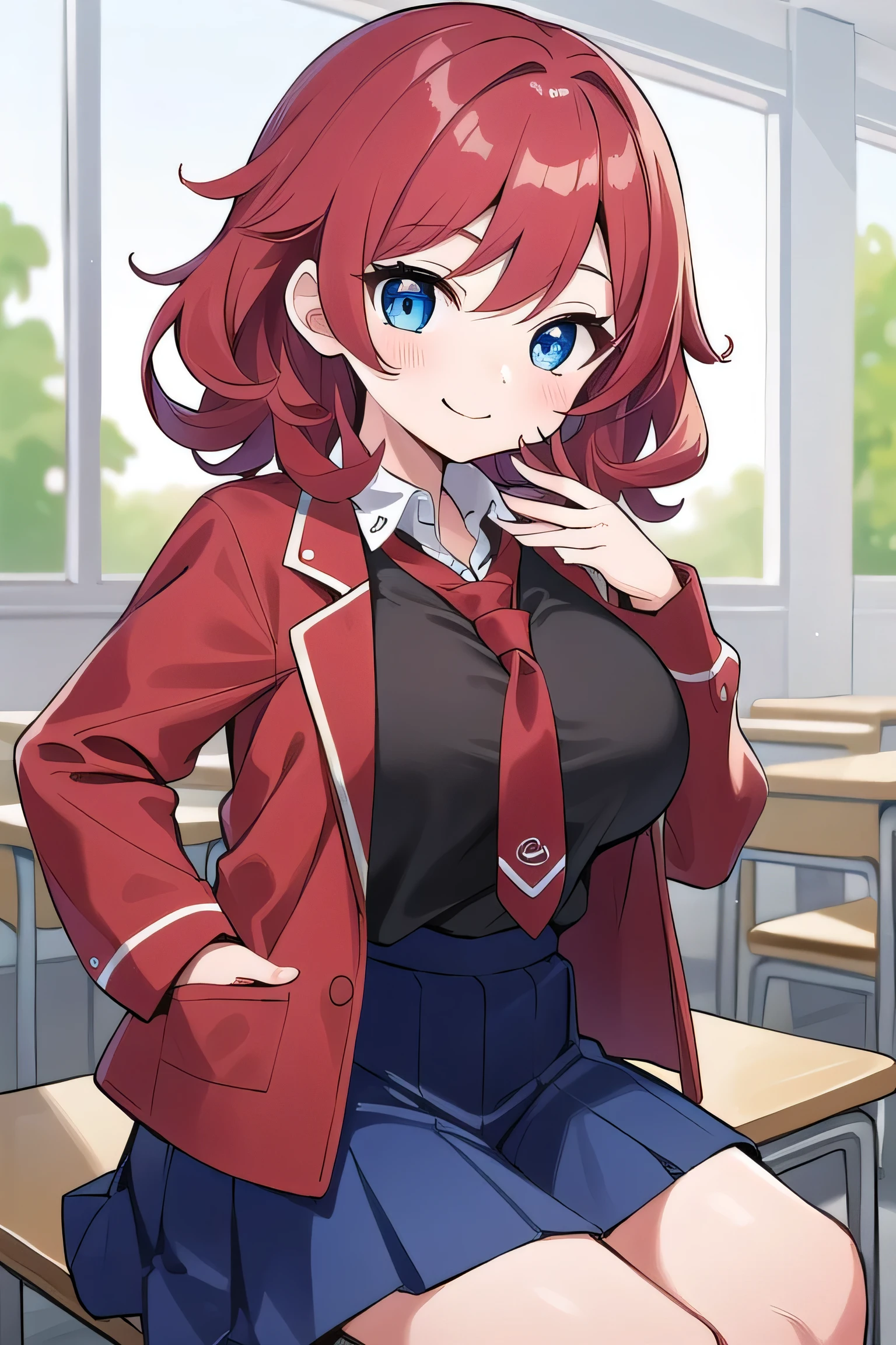 Big breasts, red hair, blue eyes, droopy eyes, red jacket, long sleeves, navy skirt, elementary school student, super big breasts, (medium hair: 1.2), baggy clothes, elementary school student, young face, short, 10 years old, shy, little smile, red tie, gym